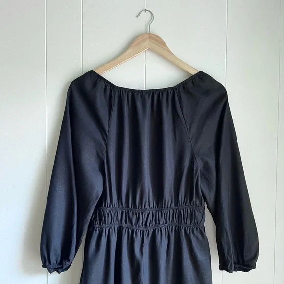 Universal Thread Black Linen Midi 3/4 Puff Sleeve Ruched Peasant Dress‎ … - Picture 5 of 10